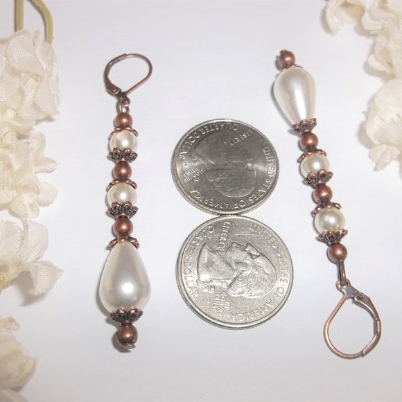 Long White Faux Pearl Earrings Rustic Copper Boho Bohemian Victorian Style 6928 - Picture 2 of 8